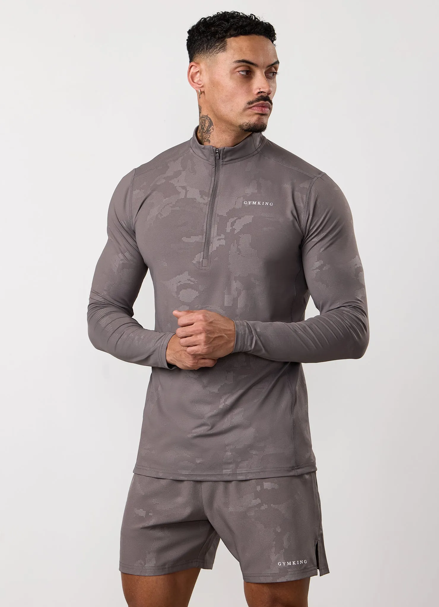 Gym King Debossed Camo 1/4 Zip Funnel - Rustic Taupe sold by The Gym King