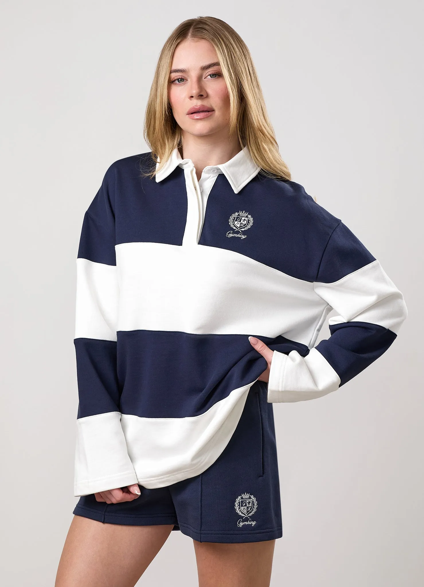 Gym King Heritage Loopback Rugby Shirt - Cream/Indigo Blue sold by The Gym King