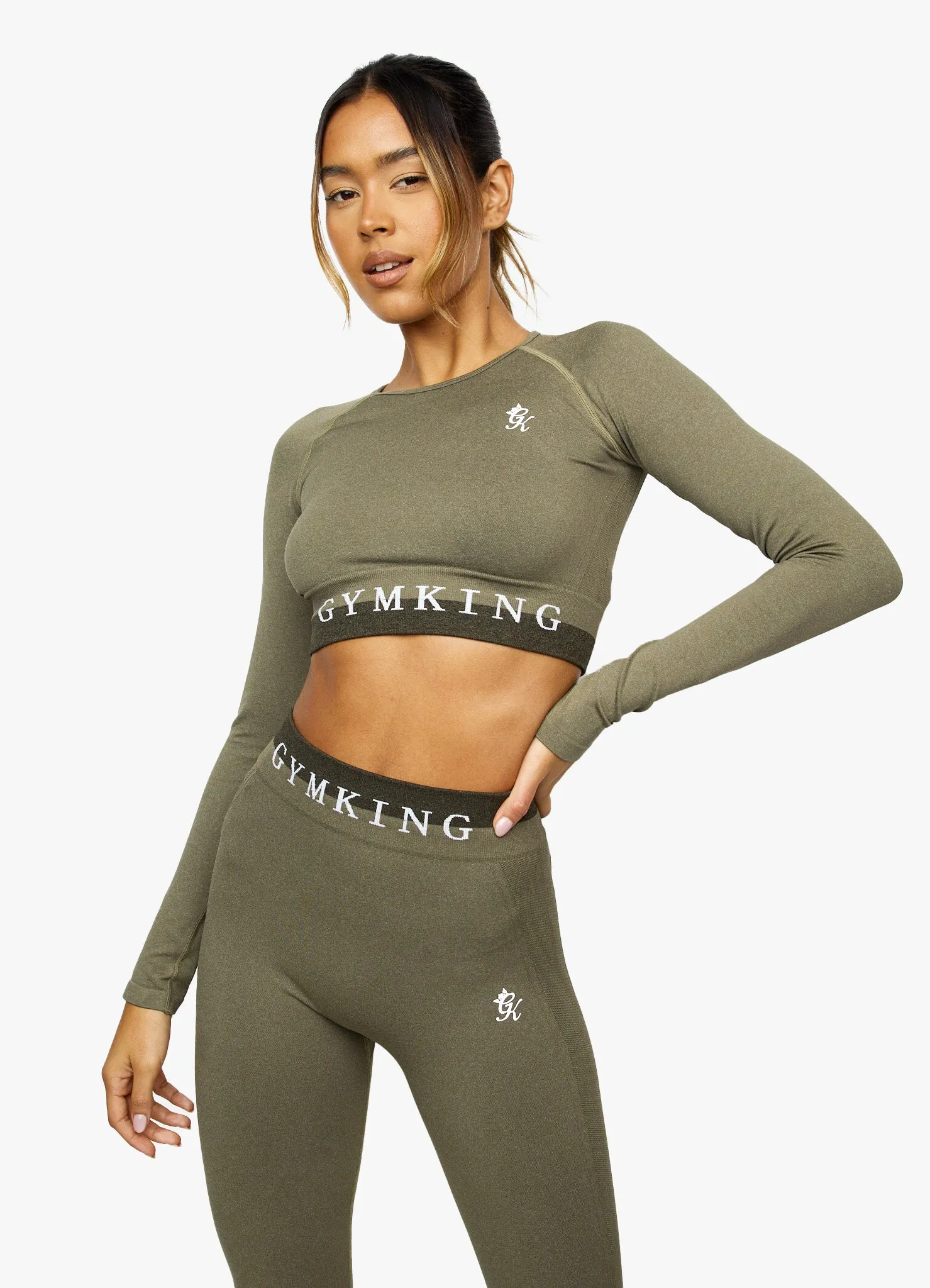 Gym King Seamless Results Long Sleeve Crop - Khaki sold by The Gym King