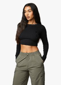 Gym King Utility Rib LS Crop Top - Black sold by The Gym King