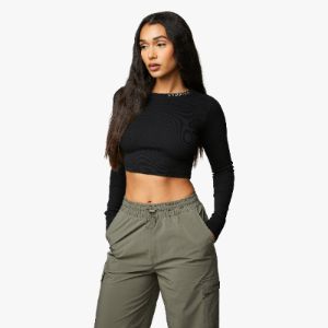 Gym King Utility Rib LS Crop Top - Black sold by The Gym King