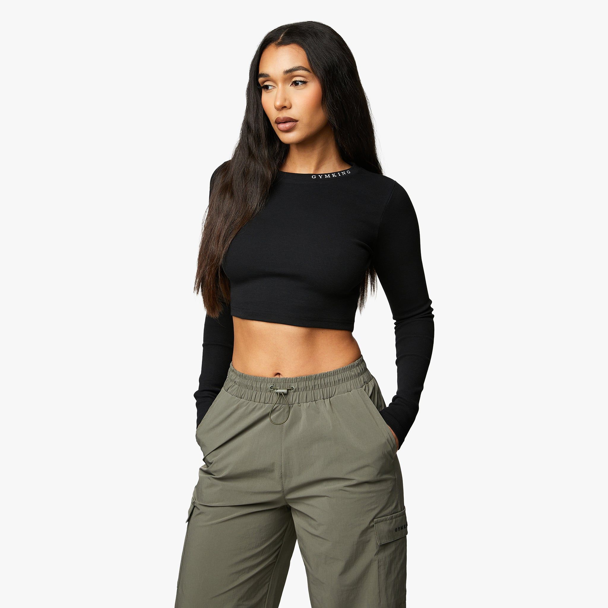 Gym King Utility Rib LS Crop Top - Black sold by The Gym King product image thumbnail 2