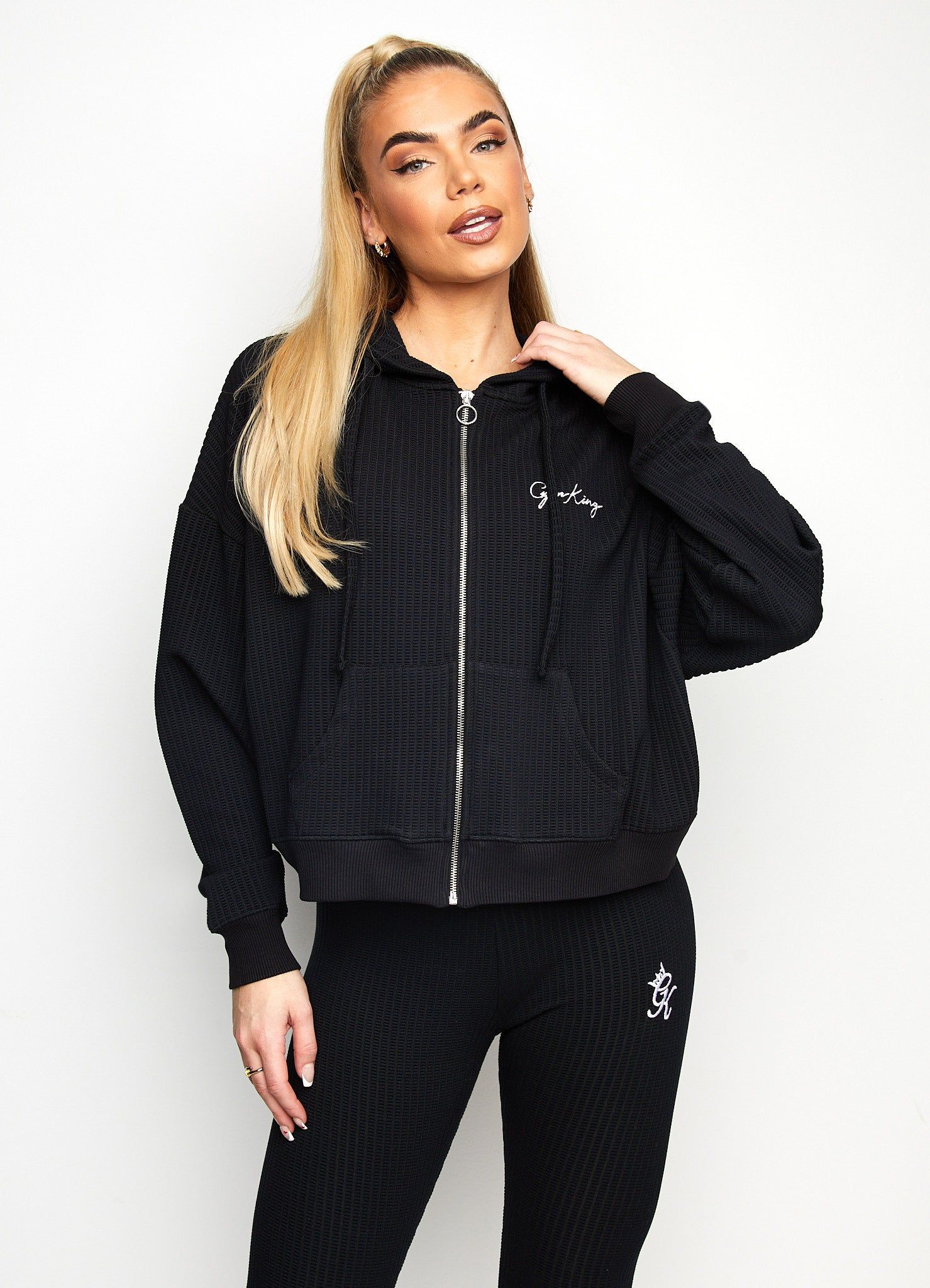 Gym King Waffle Zip Through Hoodie - Black sold by The Gym King