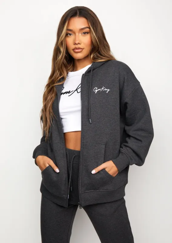 Gym King Script Oversized Fz Hood - Charcoal Marl/White sold by The Gym King