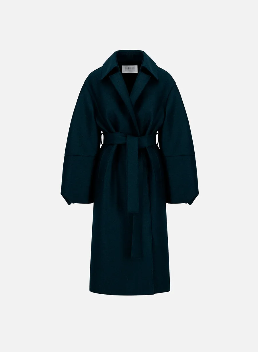 Puff sleeves coat in pressed wool sold by Harris Wharf London