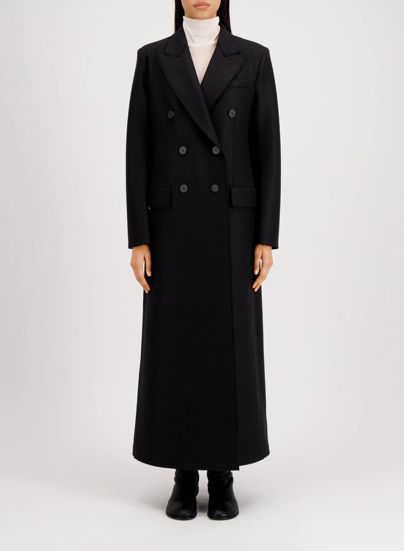 Long double breasted tailored coat in pressed wool sold by Harris Wharf London product image thumbnail 3