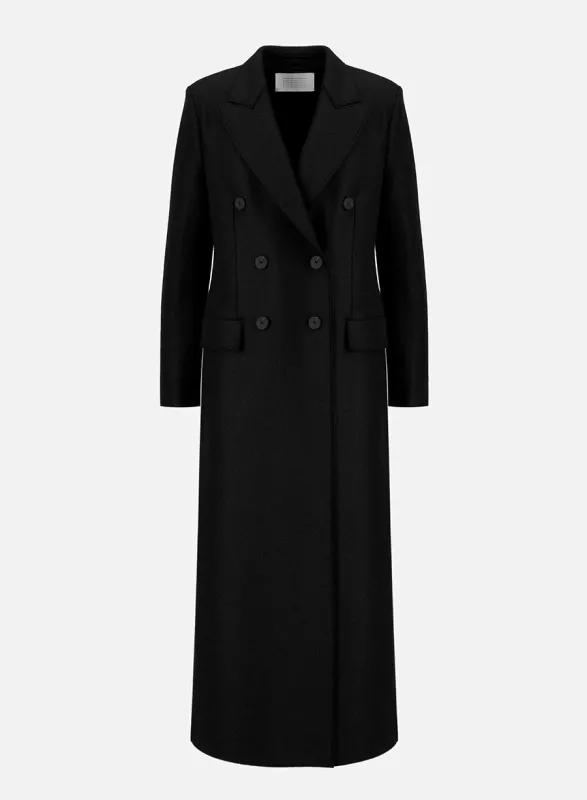 Long double breasted tailored coat in pressed wool made by Harris Wharf London
