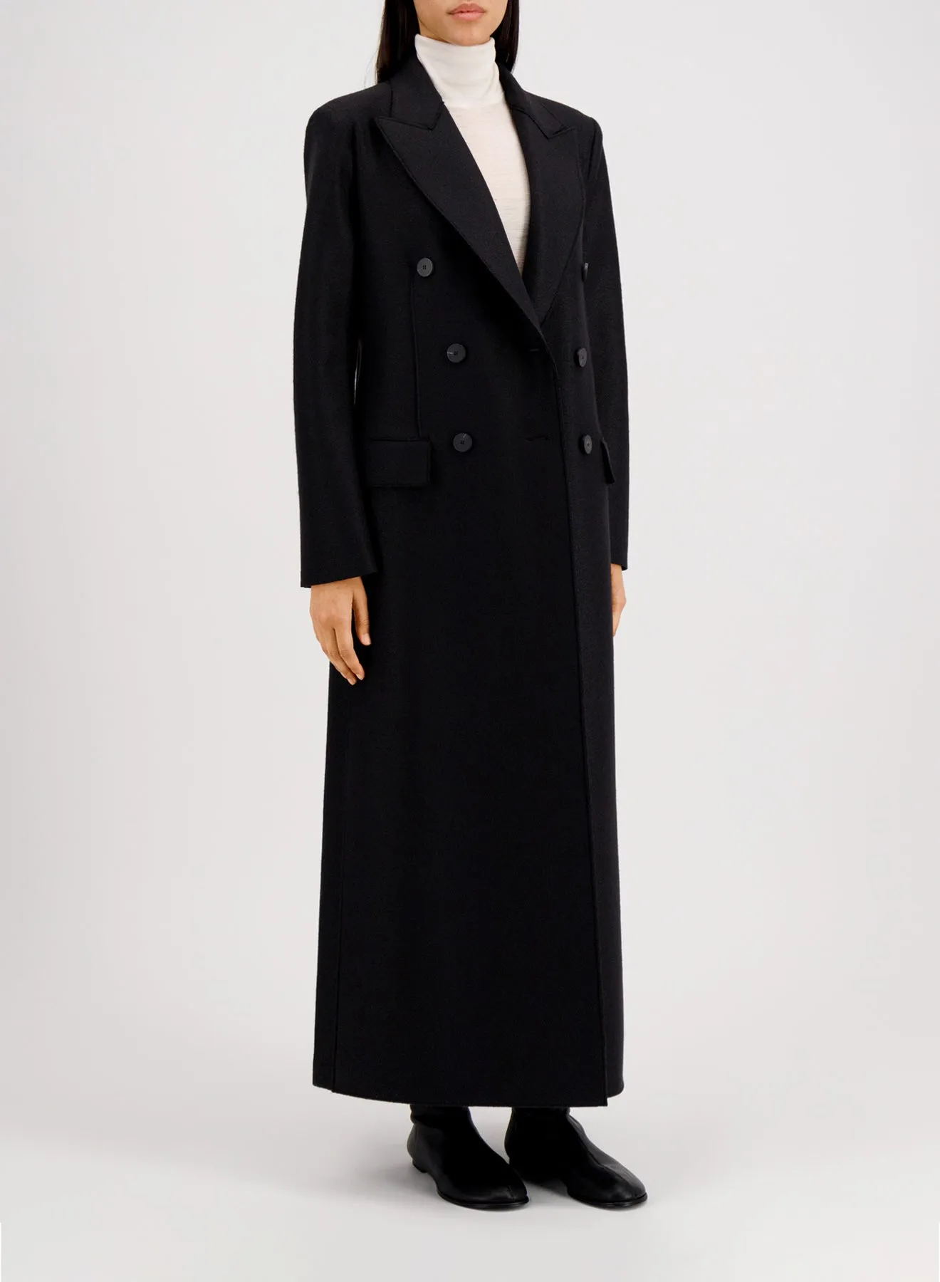 Long double breasted tailored coat in pressed wool sold by Harris Wharf London product image thumbnail 2