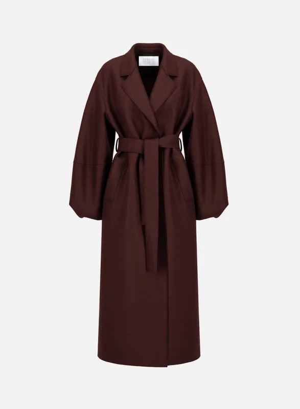 Long puff sleeves coat in pressed wool made by Harris Wharf London