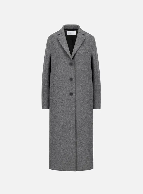 Long topcoat in pressed wool made by Harris Wharf London