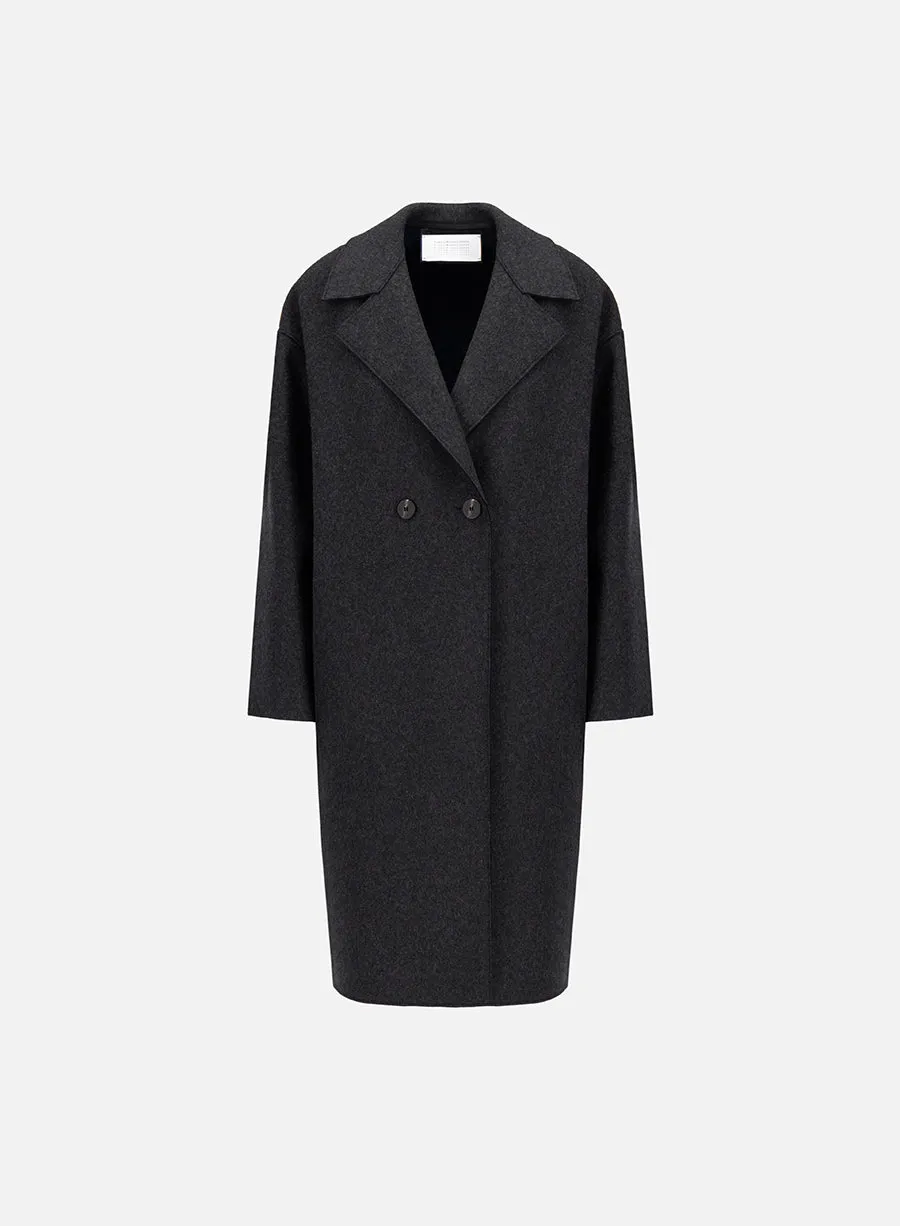 Dropped shoulder coat in double crafted with Loro Piana fabric sold by Harris Wharf London