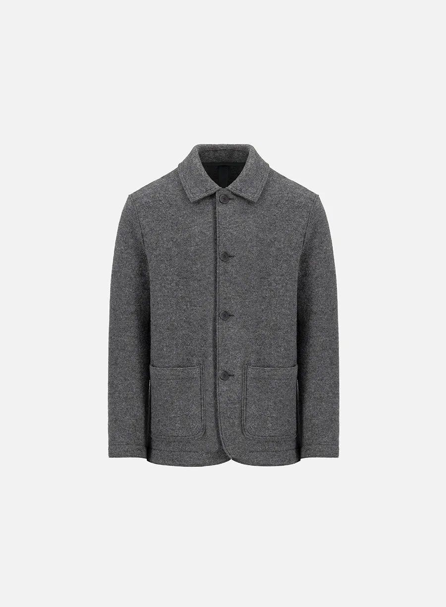 Utility jacket in boiled wool sold by Harris Wharf London