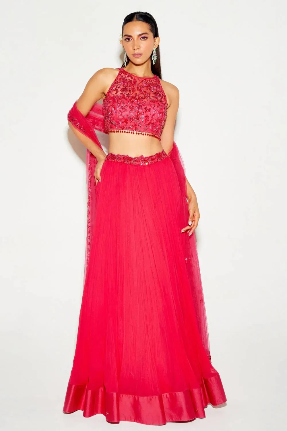 Hot Pink Tonal Blouse & Pleated Lehenga sold by Market