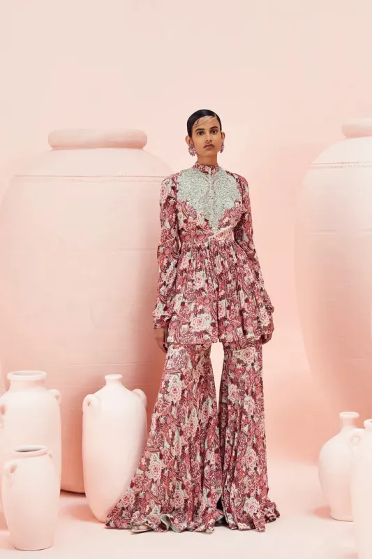 Blush Abstract Floral Peplum & Gharara Set made by Market