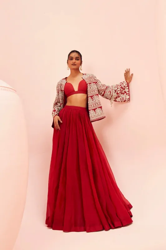 Love Red Lehenga with Short Jacket Set made by Market