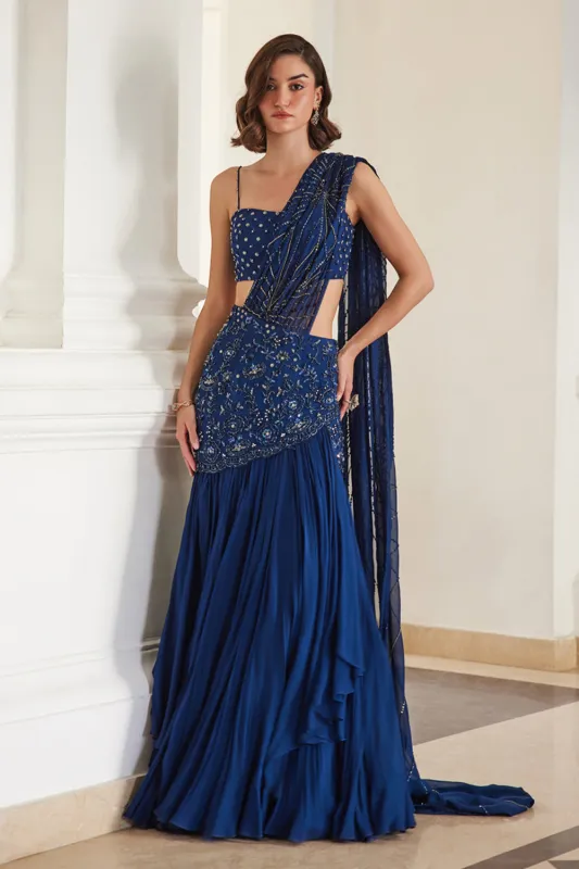 Teal Blue Saree With Bustier sold by Market