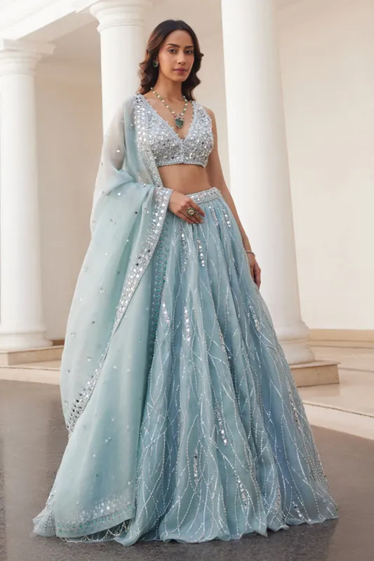 Powder Blue Organza Lehenga sold by Market
