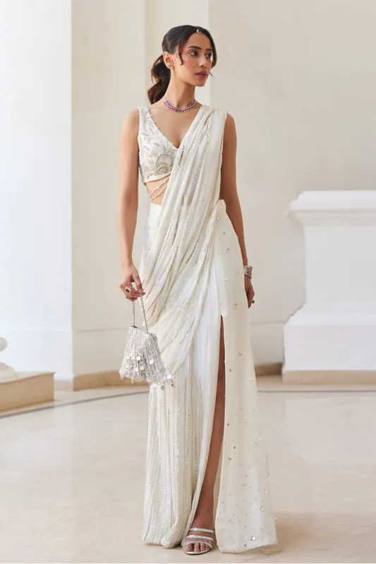 Pearl White Slit Saree sold by Market