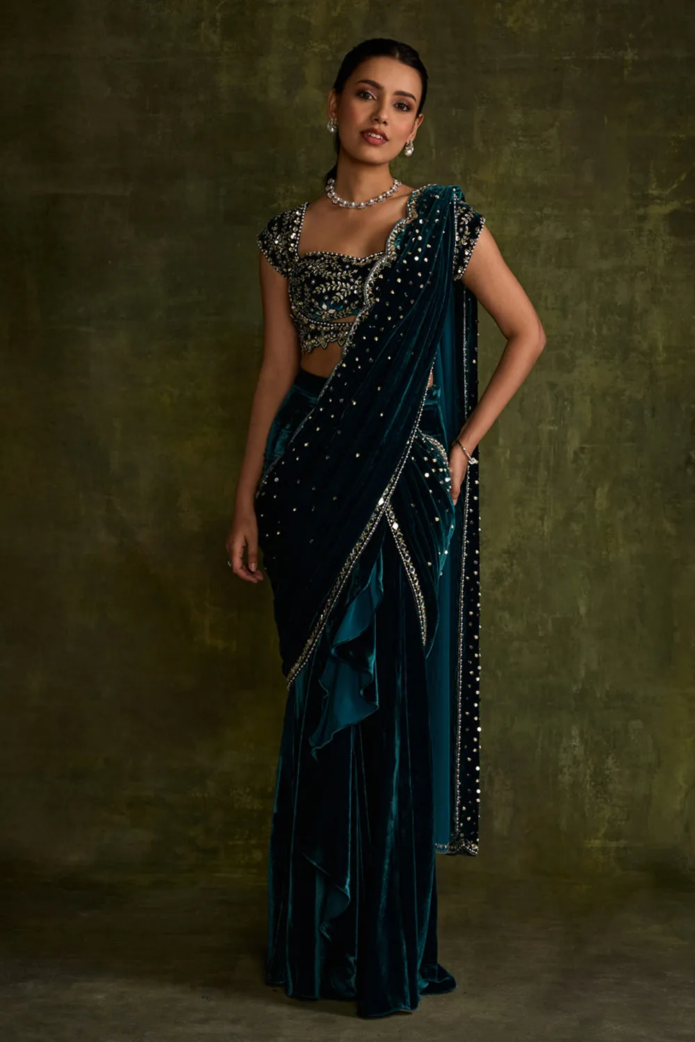 Turquoise Velvet Pre-Draped Saree sold by Market