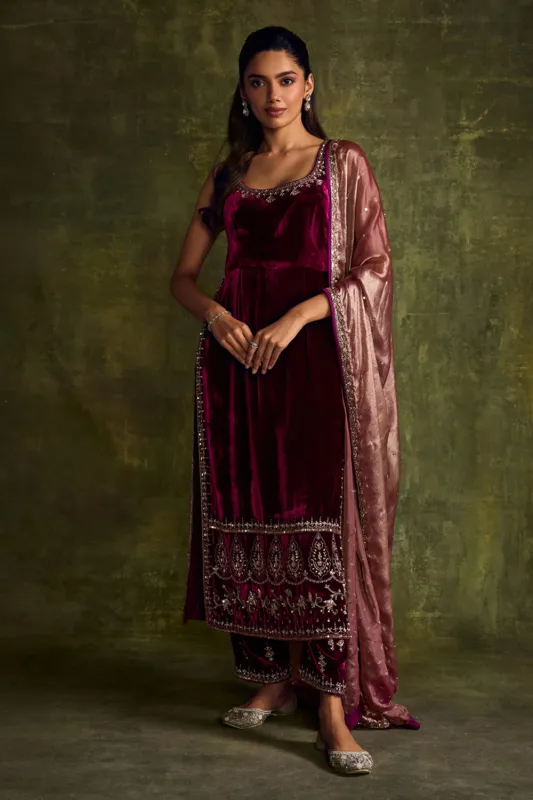 Mulberry Velvet High Slit Kurta & Pants Set sold by Market