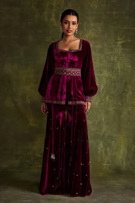 Mulberry Velvet Peplum & Sharara Set sold by Market
