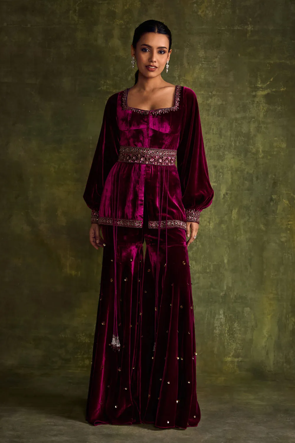 Mulberry Velvet Peplum & Sharara Set sold by Market