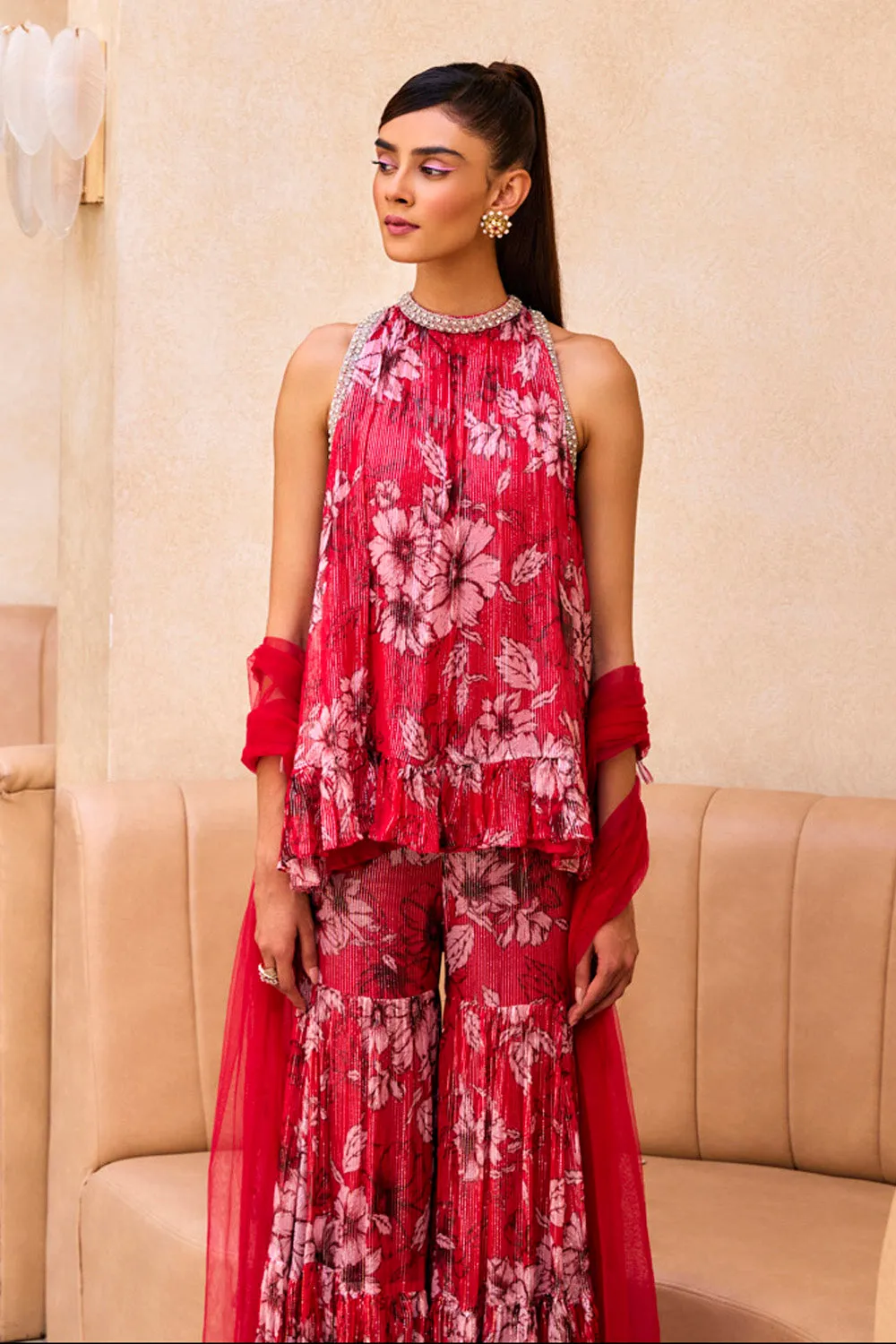 Red Printed Ruffle Tunic and Sharara Set sold by Market product image thumbnail 3