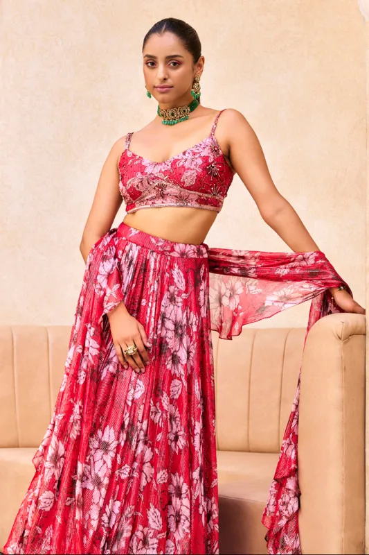 Red Floral Print Lehenga sold by Market
