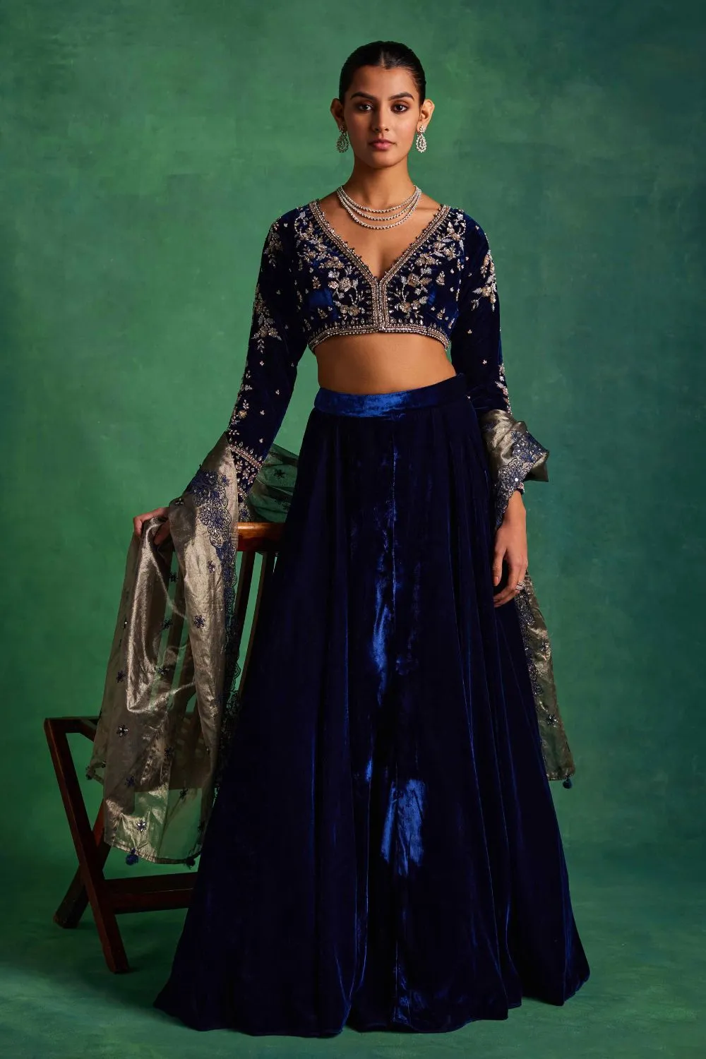 Blue Velvet Lehenga and Blouse Set sold by Market