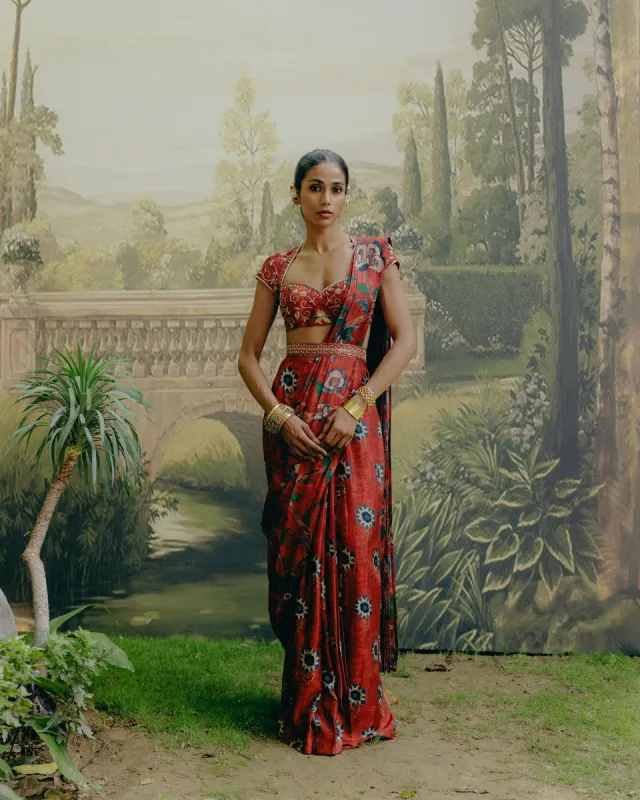 Ruby Red Pre Draped Sareee sold by Market