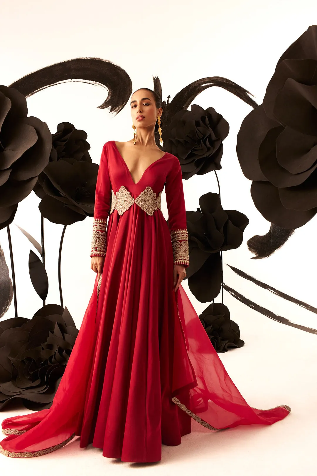 Retro Red Belted V-Neck Anarkali sold by Market