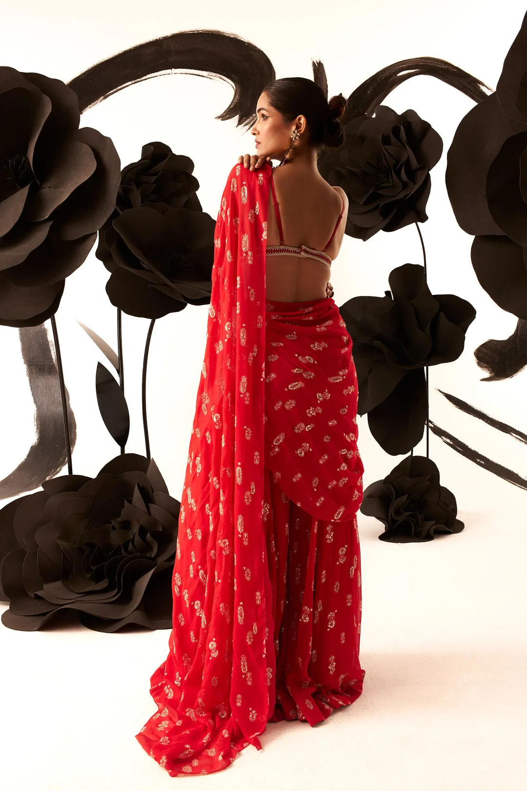 Red Floret Palazzo Saree sold by Market product image thumbnail 2