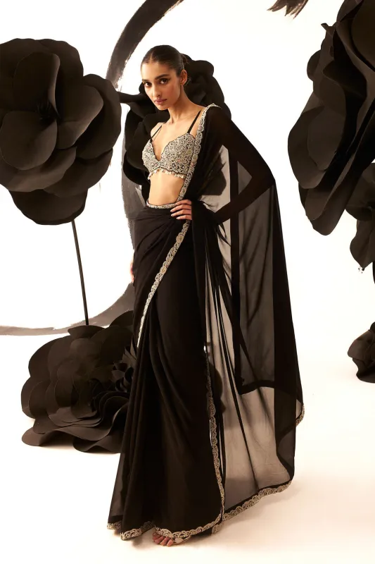 Black Embroidered 6 Yard Saree sold by Market