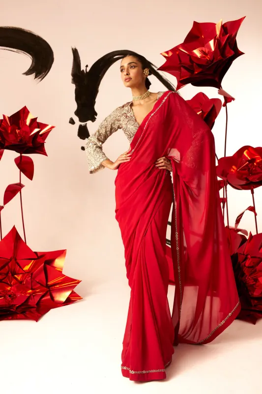 Red Saree with Embroidered Blouse sold by Market