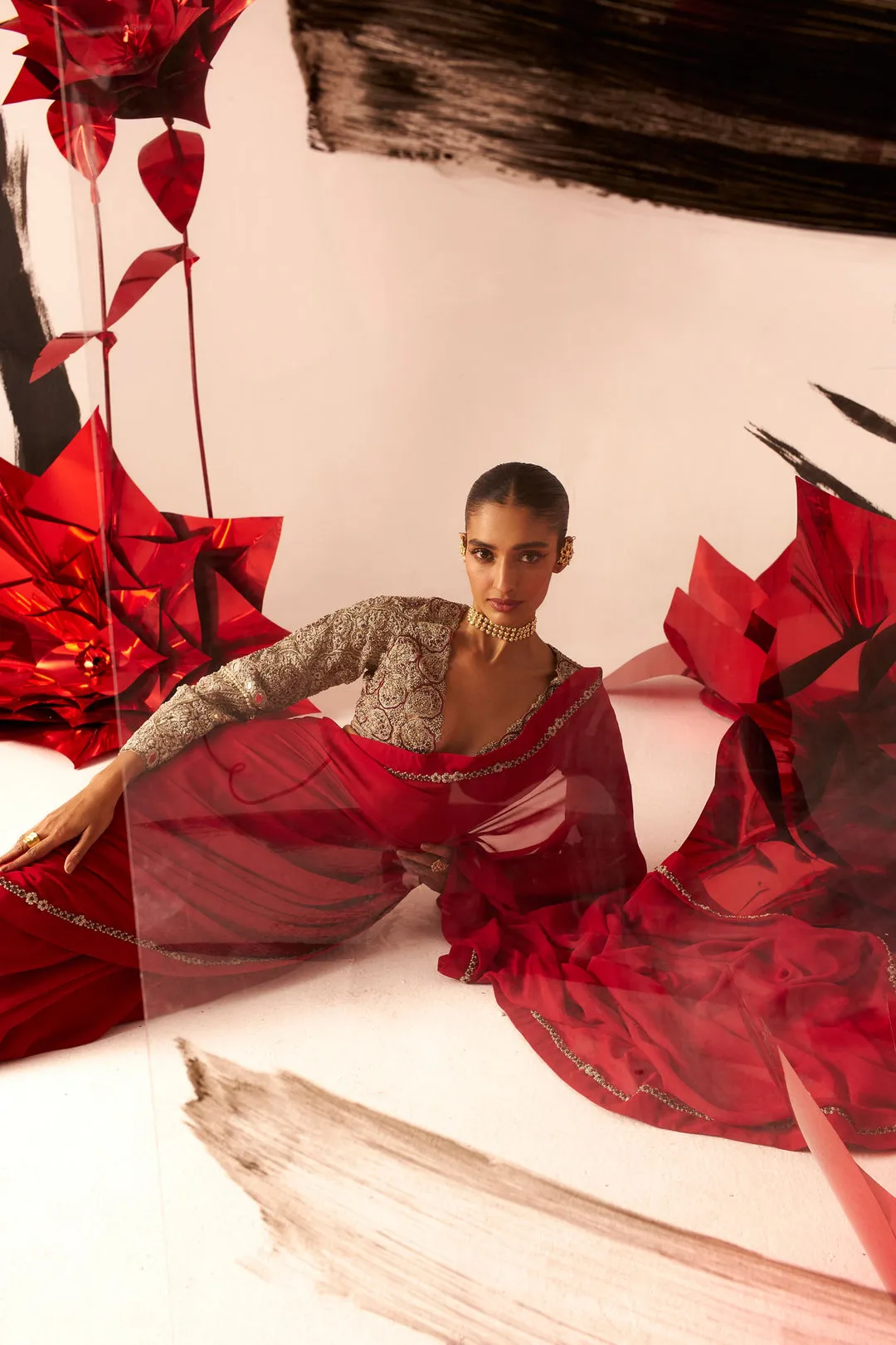 Red Saree with Embroidered Blouse sold by Market product image thumbnail 3