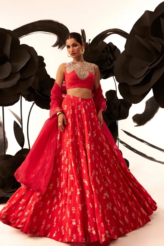 Red Floret Lehenga Set sold by Market