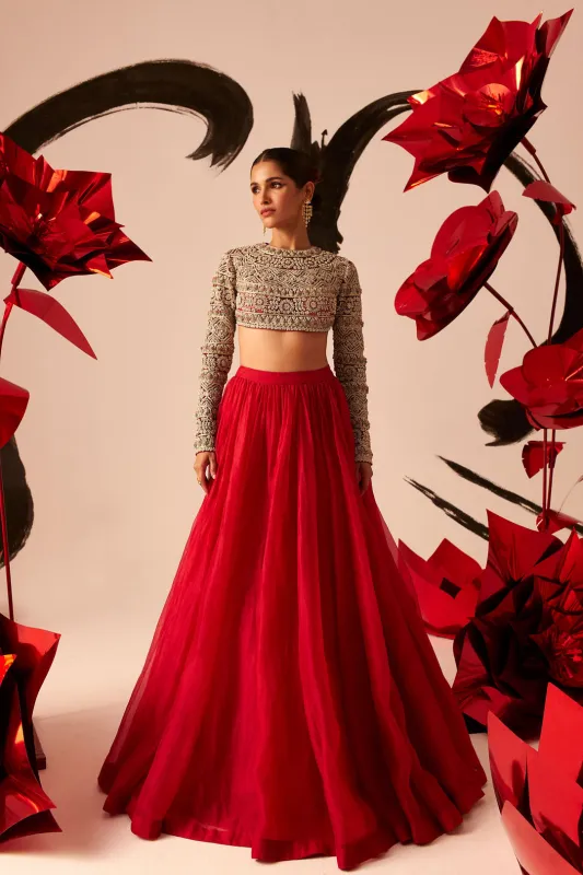 Floral Embroidered Blouse Lehenga Set made by Market