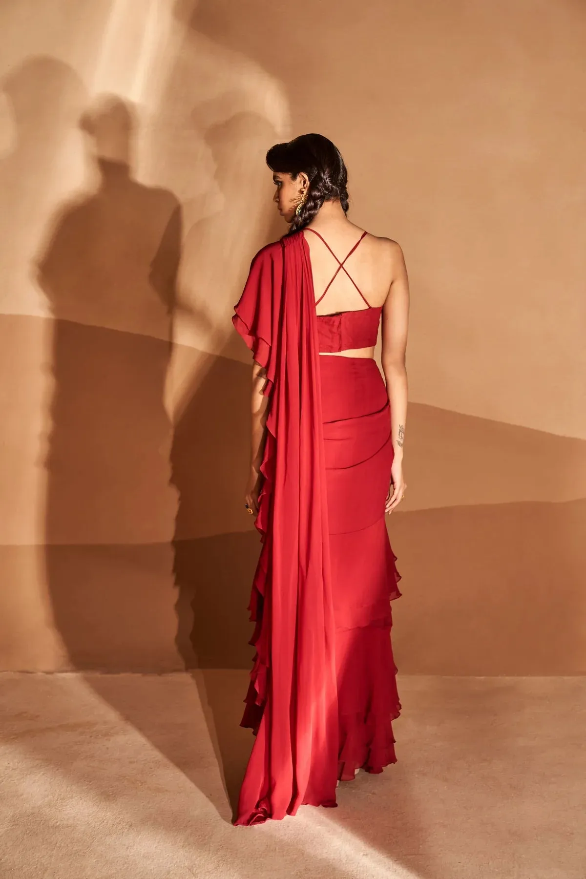 Red Layered Ruffle Saree Set sold by Market product image thumbnail 2