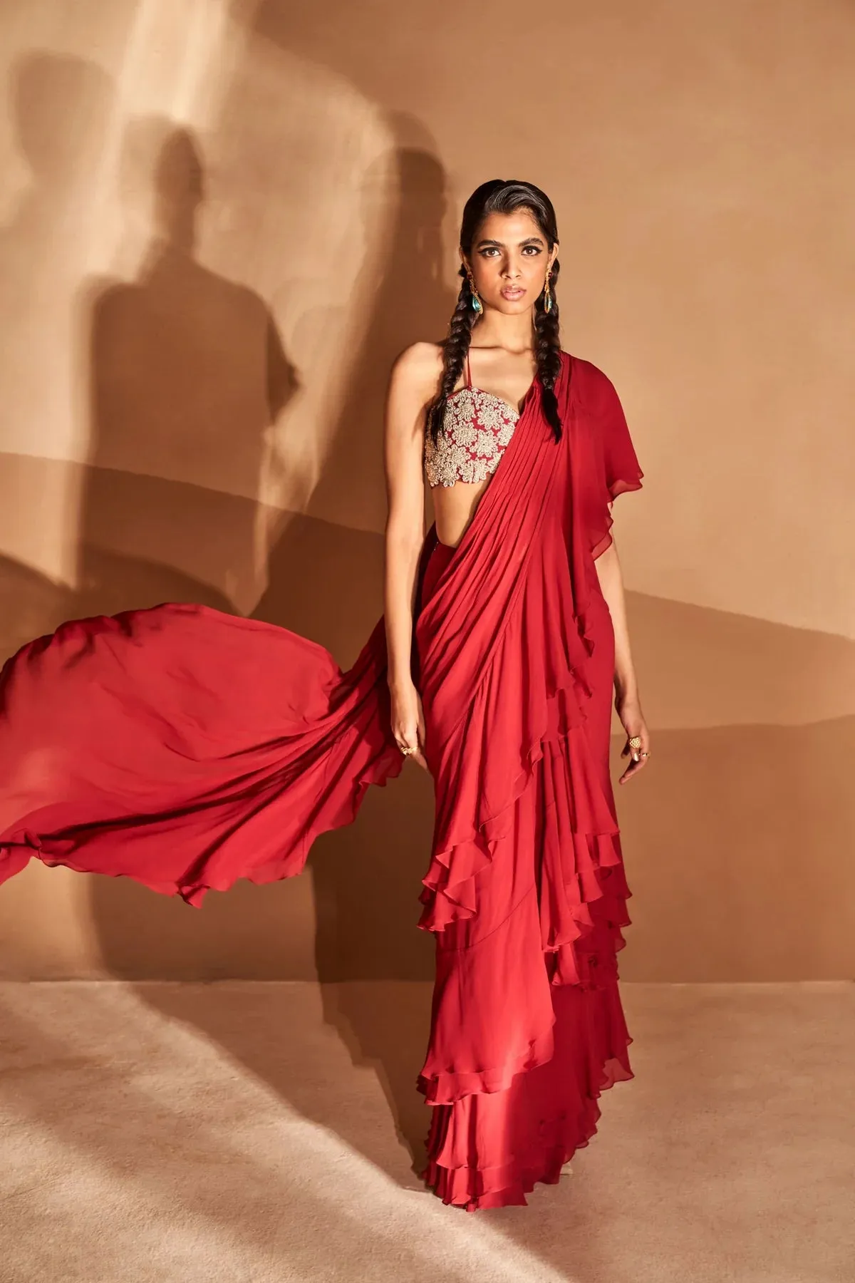 Red Layered Ruffle Saree Set sold by Market