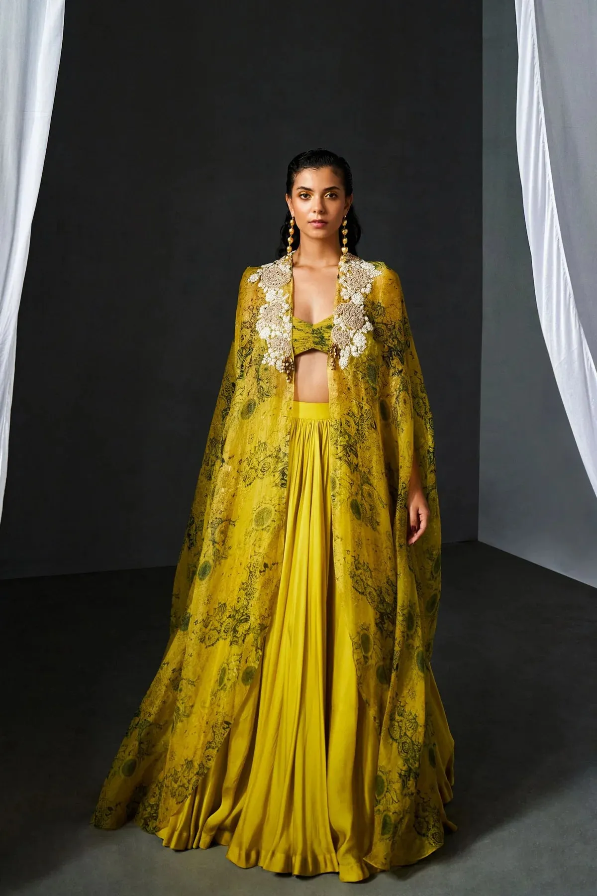 Mustard & Black Blossom Cape Lehanga Set sold by Market