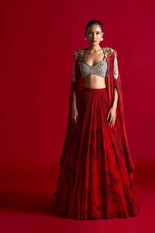 Red & Black Skirt Set w/ Blossom Cape sold by Market