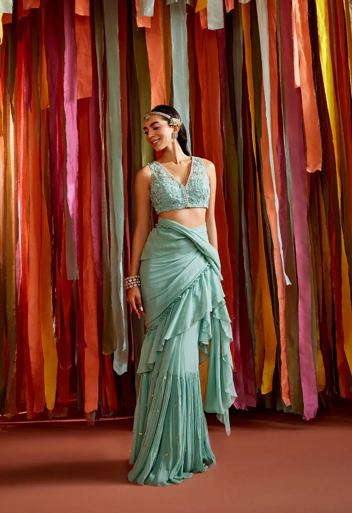 Mint Green Ruffle Saree sold by Market product image thumbnail 4