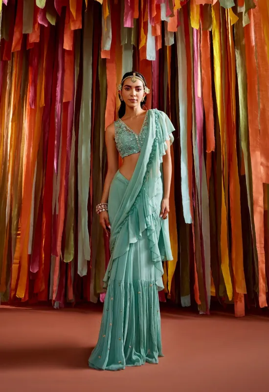 Mint Green Ruffle Saree sold by Market