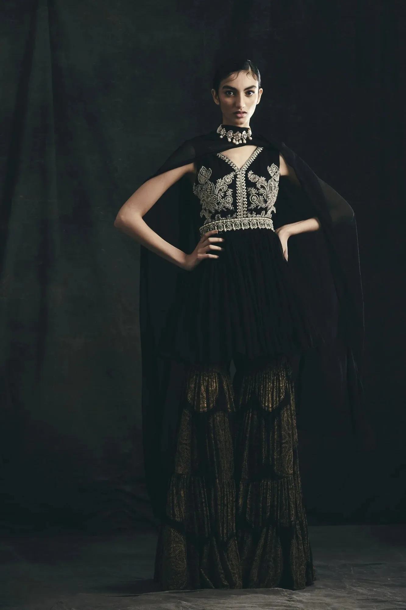 Black Embroidered Peplum & Sharara Set | Ready to Ship sold by Market