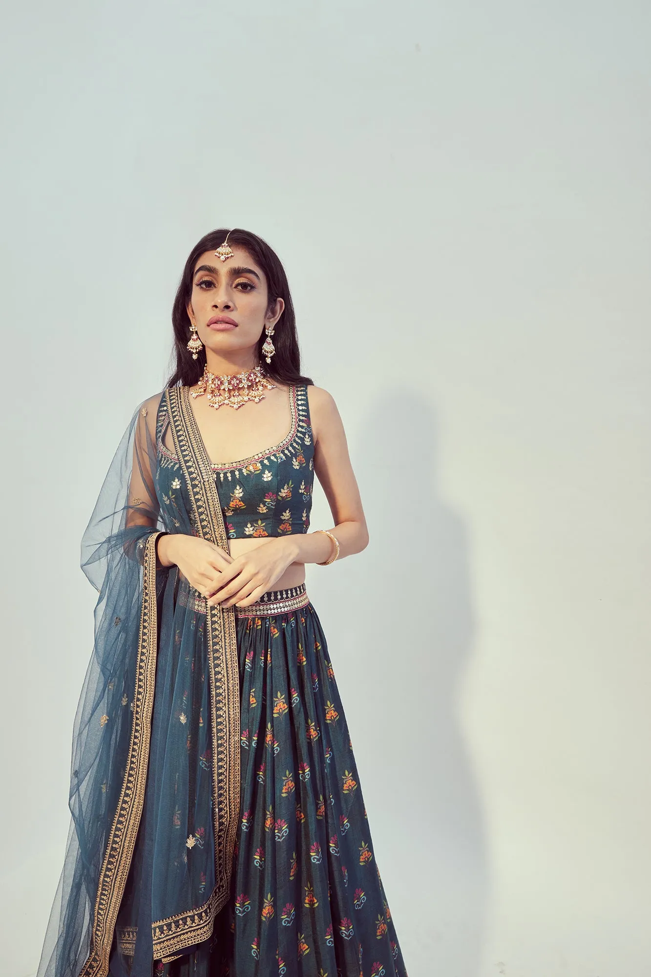 Teal Printed & Hand Embroidered Lehenga Set sold by Market product image thumbnail 4