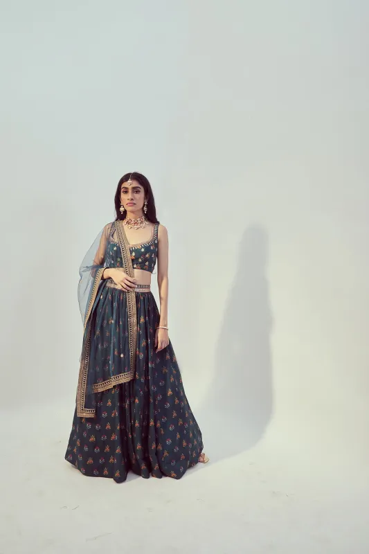 Teal Printed & Hand Embroidered Lehenga Set sold by Market