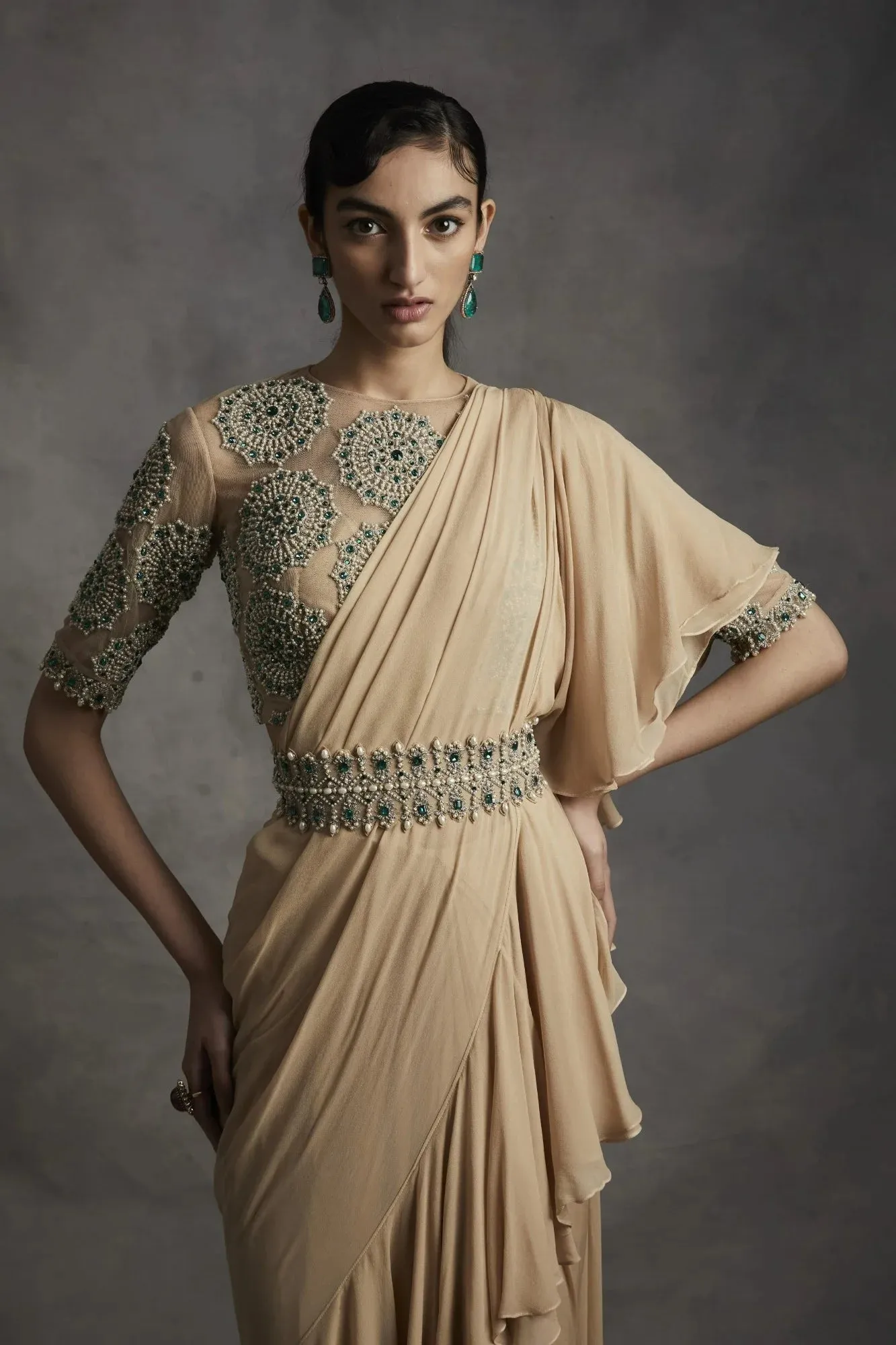 Pre-Stitched Saree with Pearl & Stone Work Blouse sold by Market product image thumbnail 2