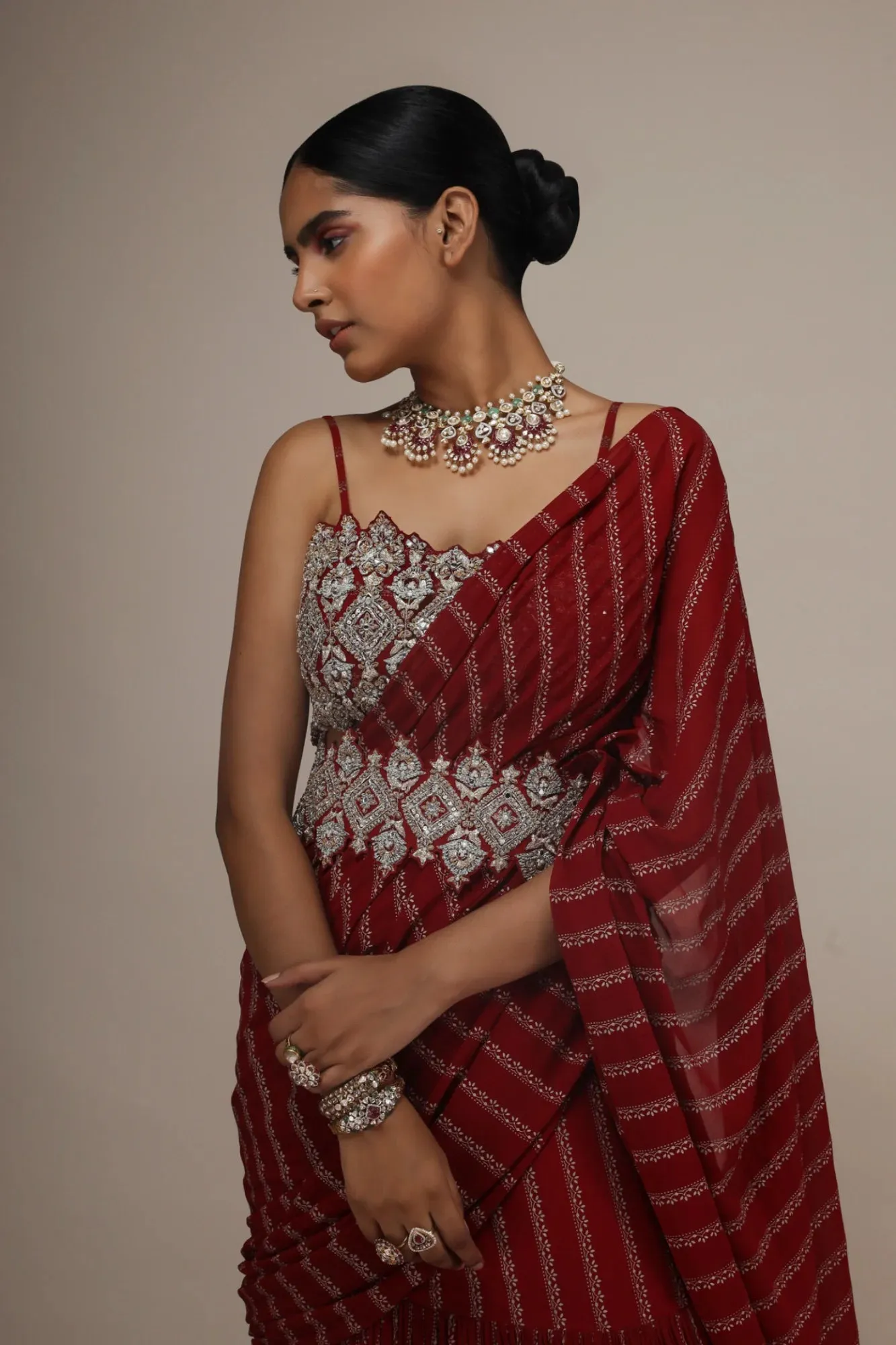 Red Nurekha Pre-Stitched Saree sold by Market product image thumbnail 2