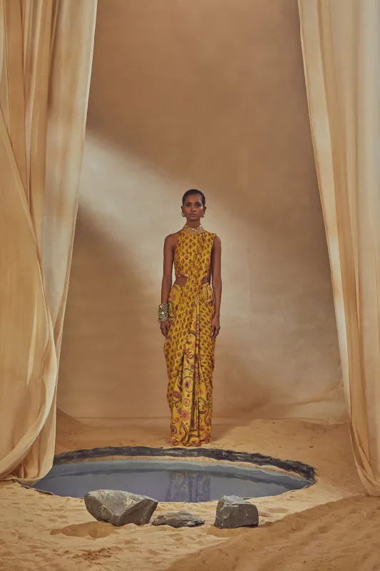 Yellow Printed Pre Stitched Saree sold by Market