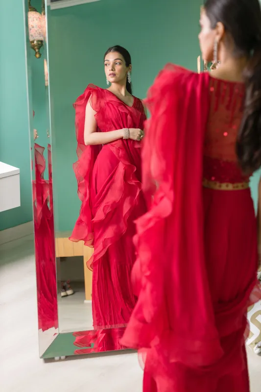 Red Tonal Embroidered Ruffle Saree sold by Market